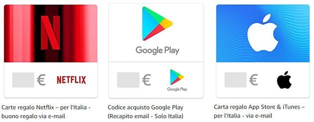 Su  si possono comprare Carte Regalo digitali per Google Play, Apple  App Store e iTunes, Netflix, DAZN, Spotify e altri servizi 
