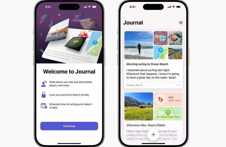 schermate dall'app Journal di Apple su iPhone con iOS 17.2