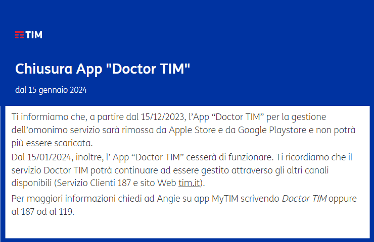 DoctorTIM - comunicazione ufficiale chiusura app mobile