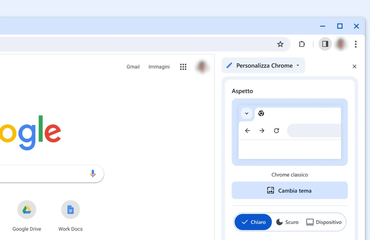 Google Chrome 120 - barra laterale per personalizzare il browser