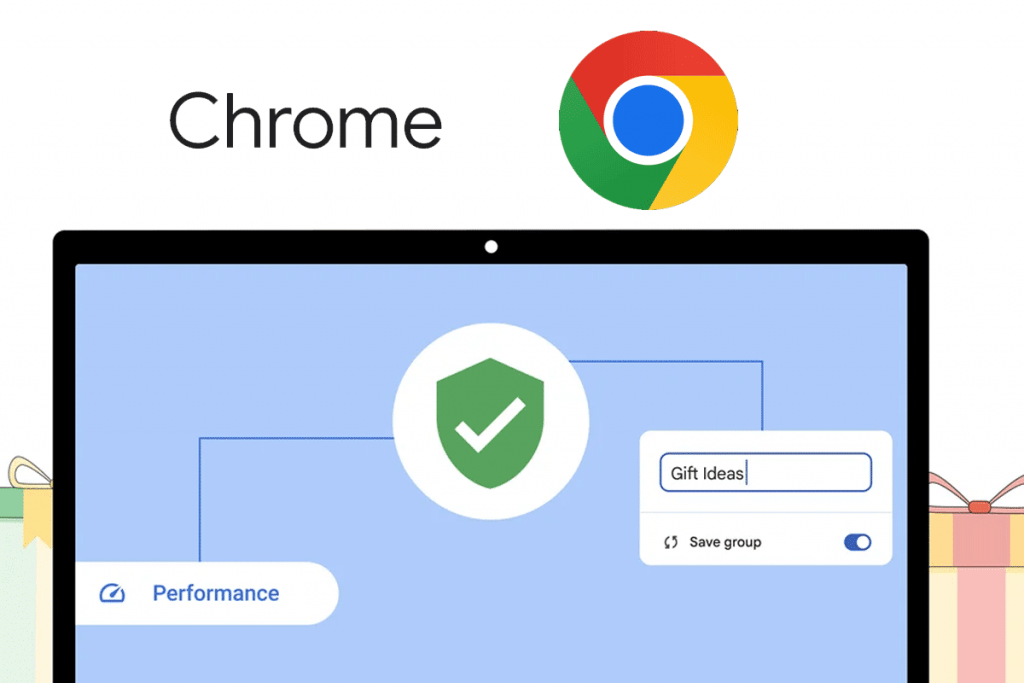 logo Google Chrome con disegno del browser su computer