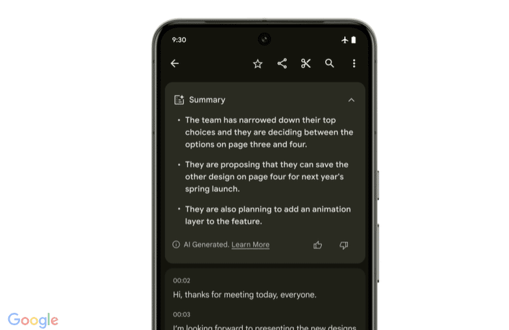 Google Pixel 8 Pro - esempio di 'Riepilogo' nell'app Registratore