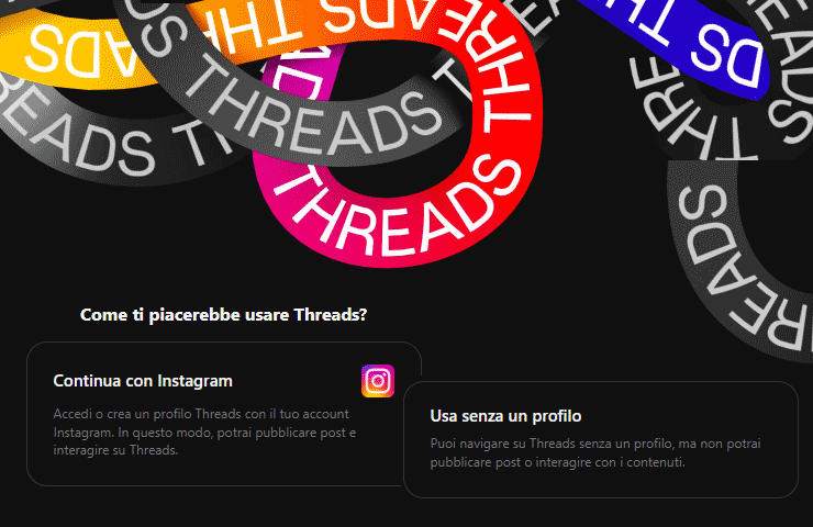 Meta Threads - schermata di accesso con Instagram o senza profilo