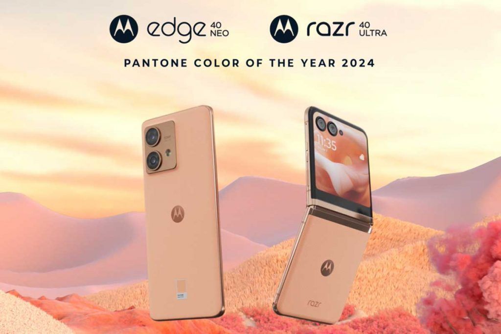 Motorola Razr 40 Ultra e Motorola Edge 40 Neo nelle colorazioni Pantone Of The Year 2024 '13-1023 Peach Fuzz'