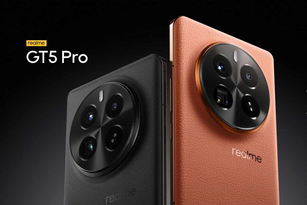 lo smartphone Realme GT5 Pro visto dal lato posteriore nei colori marrone e nero