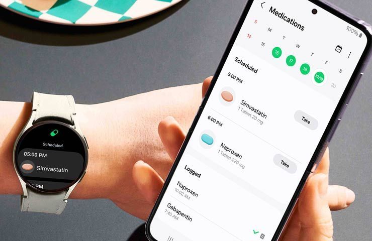 smartphone e smartwatch Samsung con funzione di monitoraggio dei farmaci su Samsung Health