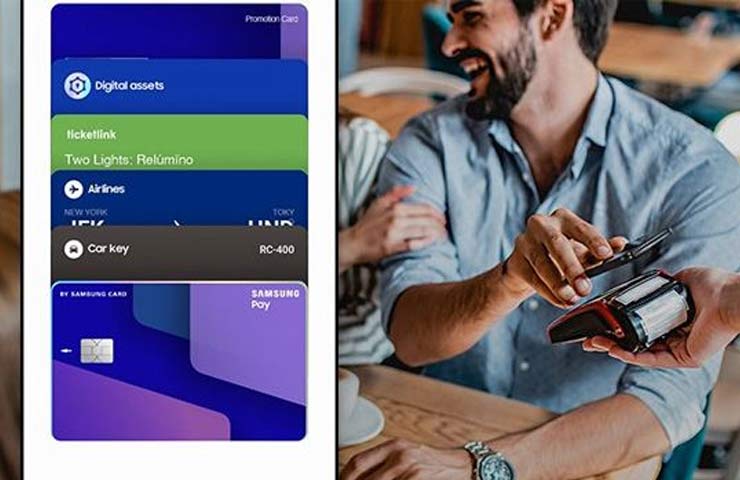 schermata Samsung Wallet e persona che paga in negozio con lo smartphone