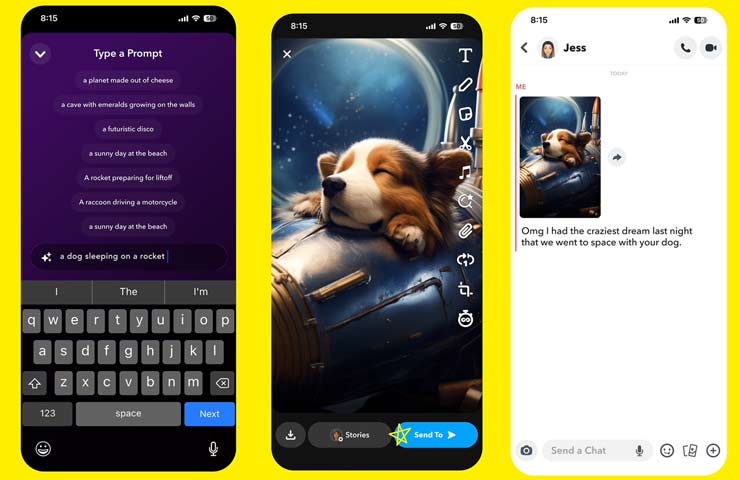 Snapchat+, schermate dello strumento che genera con ia immagini da testo