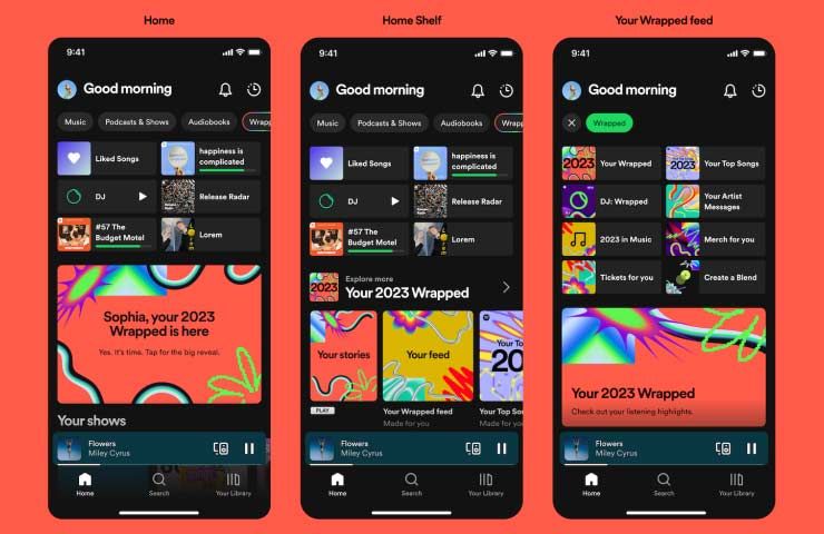 schermate dell'app Spotify per accedere a 'Il Tuo Wrapped 2023' dalla Home