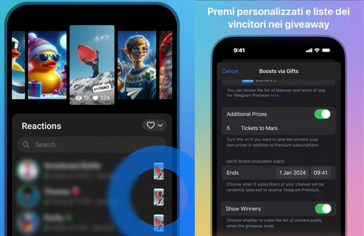 schermate Telegram anche con impostazioni dei premi personalizzati e liste dei vincitori nei giveaway