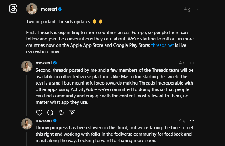 Threads e Fediverso - annuncio Adam Mosseri test di ActivityPub