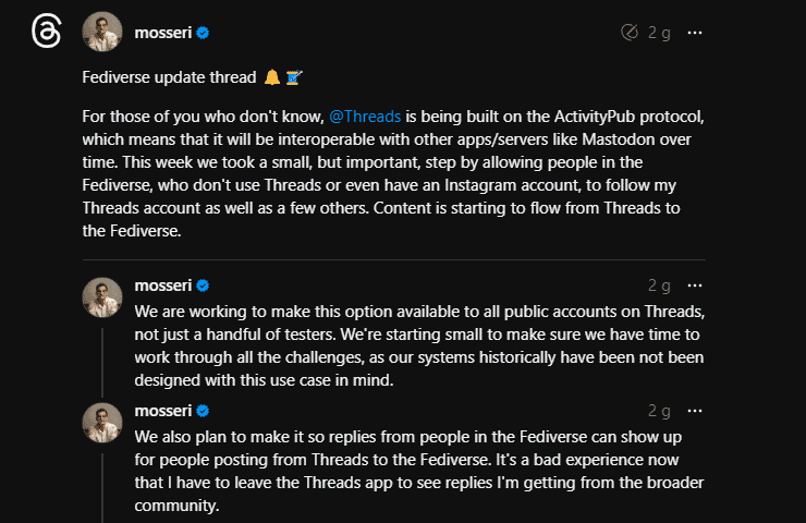 Threads e Fediverso - Adam Mosseri parla del test di ActivityPub