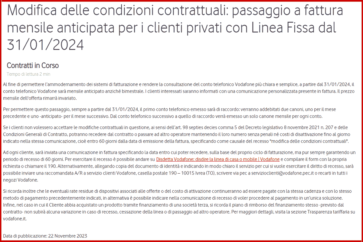 Comunicazione Vodafone per i clienti privati con Linea Fissa dal 31.01.2024