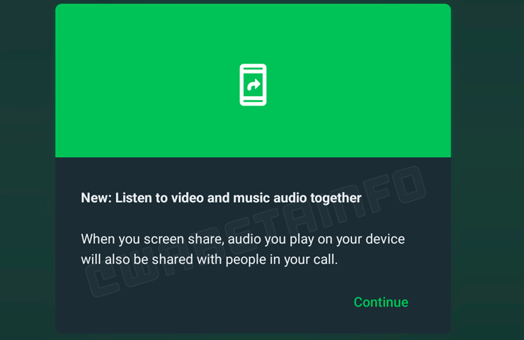 schermata da Whatsapp Beta della funzione di trasmissione di audio durante condivisione schermo