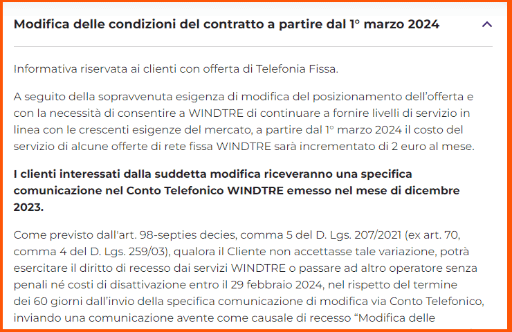 estratto comunicazione WindTre relativa alla modifica delle condizioni contrattuali dal 1 marzo 2024