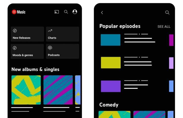 Youtube Music - interfaccia utente sezione podcast