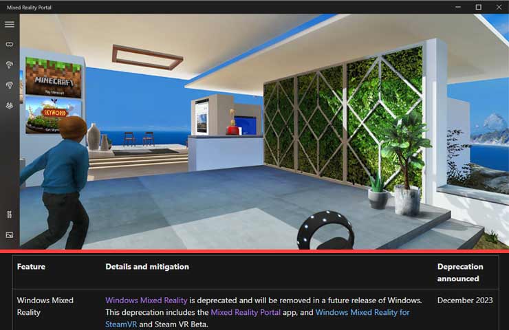 schermata app Mixed Reality Portal e annuncio fine supporto Windows Mixed Reality