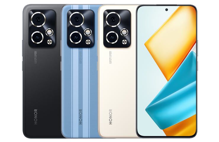 smartphone Honor 90 GT in bianco, blu, nero fronte e retro