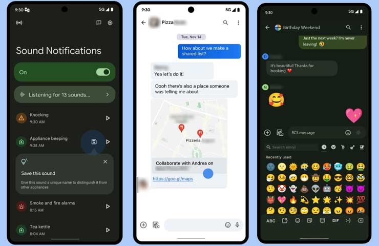 Android - schermate funzionalità Notifiche di suoni, emoji animate in Google Messaggi e elenchi collaborativi in Google Maps