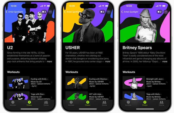 Apple Fitness+, schermate Artist Spotlight con Usher, U2 e Britney Spears