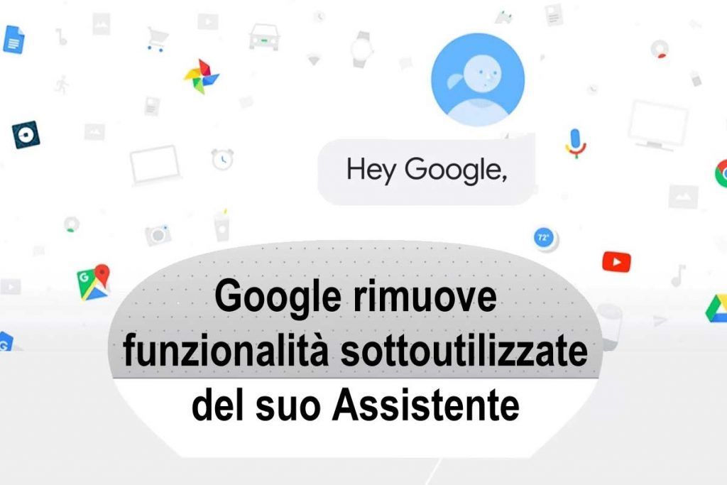 disegno di smart speaker con Assistente Google e scritta 'Google rimuove funzionalità sottoutilizzate del suo Assistente'