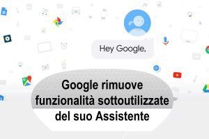 disegno di smart speaker con Assistente Google e scritta 'Google rimuove funzionalità sottoutilizzate del suo Assistente'