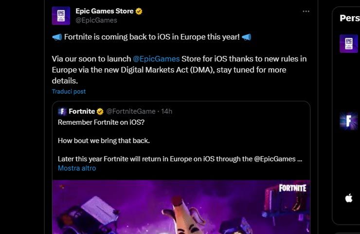 Epic Games Store conferma su X il ritorno di Fortnite su IOS in Europa