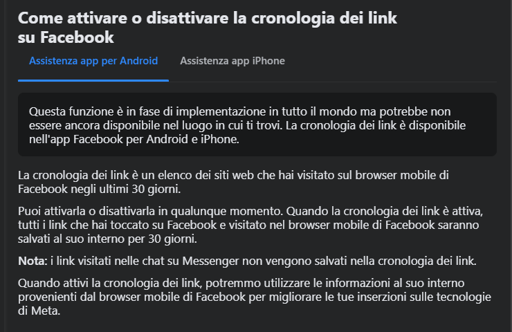 schermata della pagina della guida Facebook che riguarda 'cronologia dei link'