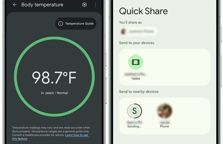 Google Pixel 8 Pro - schermate misurazione temperatura corporea e Quick Share