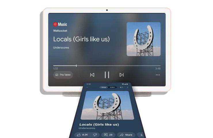 esempio di spostamento della riproduzione Spotify da telefono a tablet Pixel