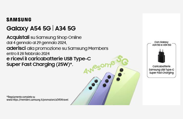 dettagli operazione a premio Samsung Galaxy A34 5G e A54 5G regalano Travel Adapter - Samsung Shop Online