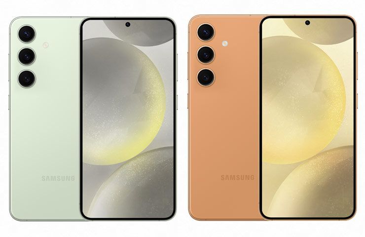 smartphone Samsung Galaxy S24 nei colori Jade Green e Sandstone Orange