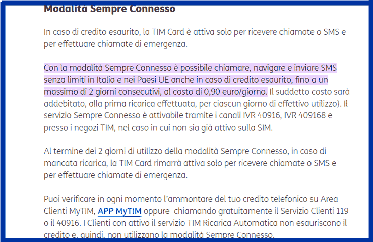 TIM - dettaglio di come funziona la modalità Sempre Connesso