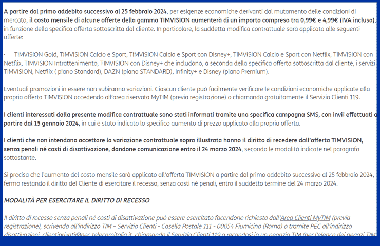 TIM - modifica contrattuale TIMvision dal 25 febbraio 2024 (linea mobile)