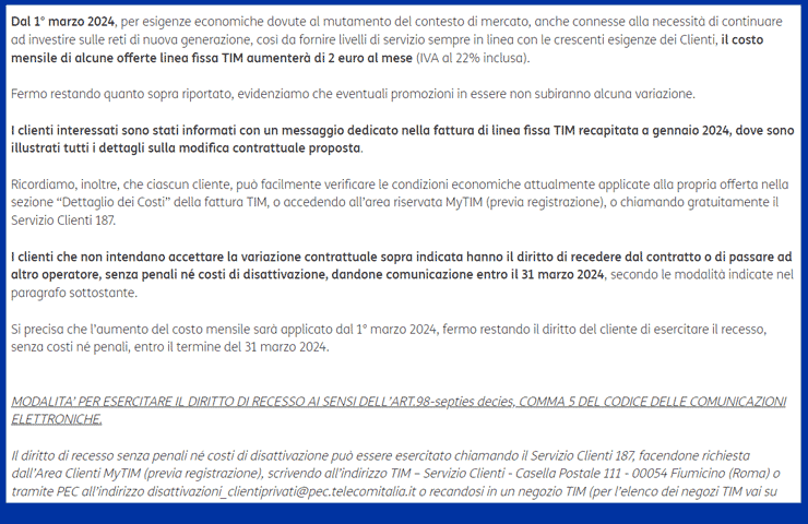 TIM - modifica contrattuale rete fissa dal 1 marzo 2024