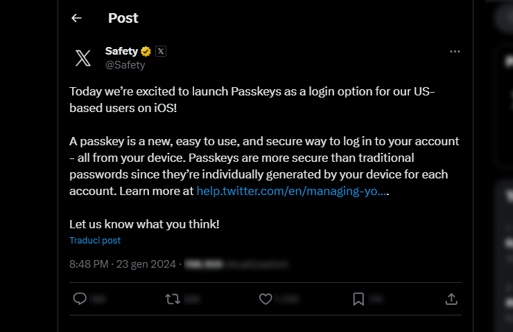 X (Twitter) - Passkeys come opzione per il login su iOS negli USA