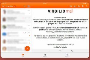 schermata di Virgilio Mail su tablet Android con sovrapposizione comunicazione recupero messaggi scambiati durante disservizio Giugno 2023