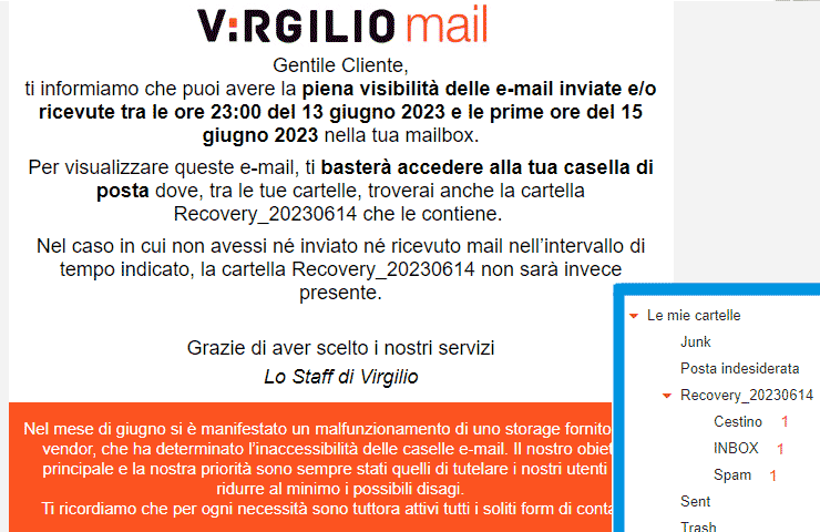 Virgilio Mail - comunicazione della possibilità di recupero dei messaggi scambiati durante il disservizio di Giugno 2023