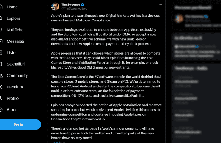 Tim Sweeney di Epic Games sulle modifiche di Apple per il DMA
