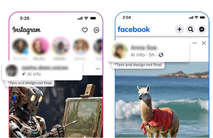 Esempi di tag su Instagram e Facebook che identificano contenuti generati da IA