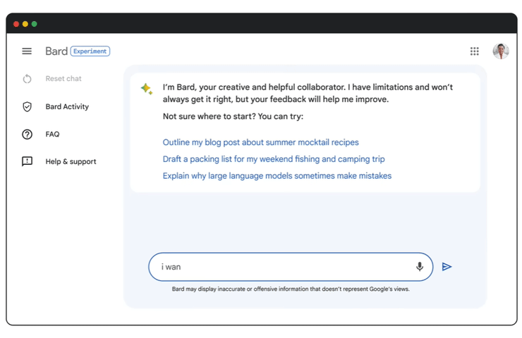 Bard - schermata in inglese del chatbot con IA di Google