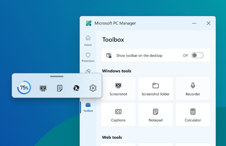 schermata 'Windows Tools' app Microsoft PC Manager per Windows