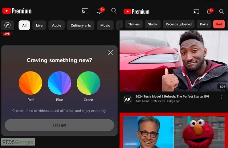 YouTube testa organizzazione feed video per colori RGB