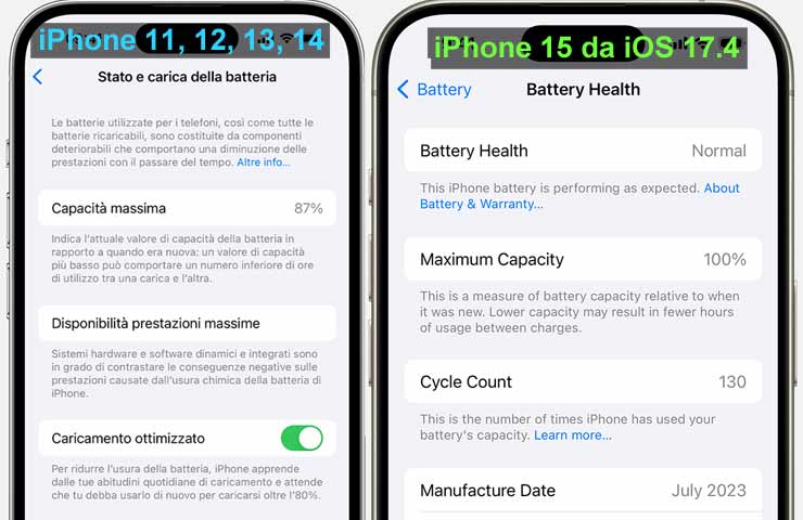 informazioni stato batteria su iphone 15 da iOS 17.4