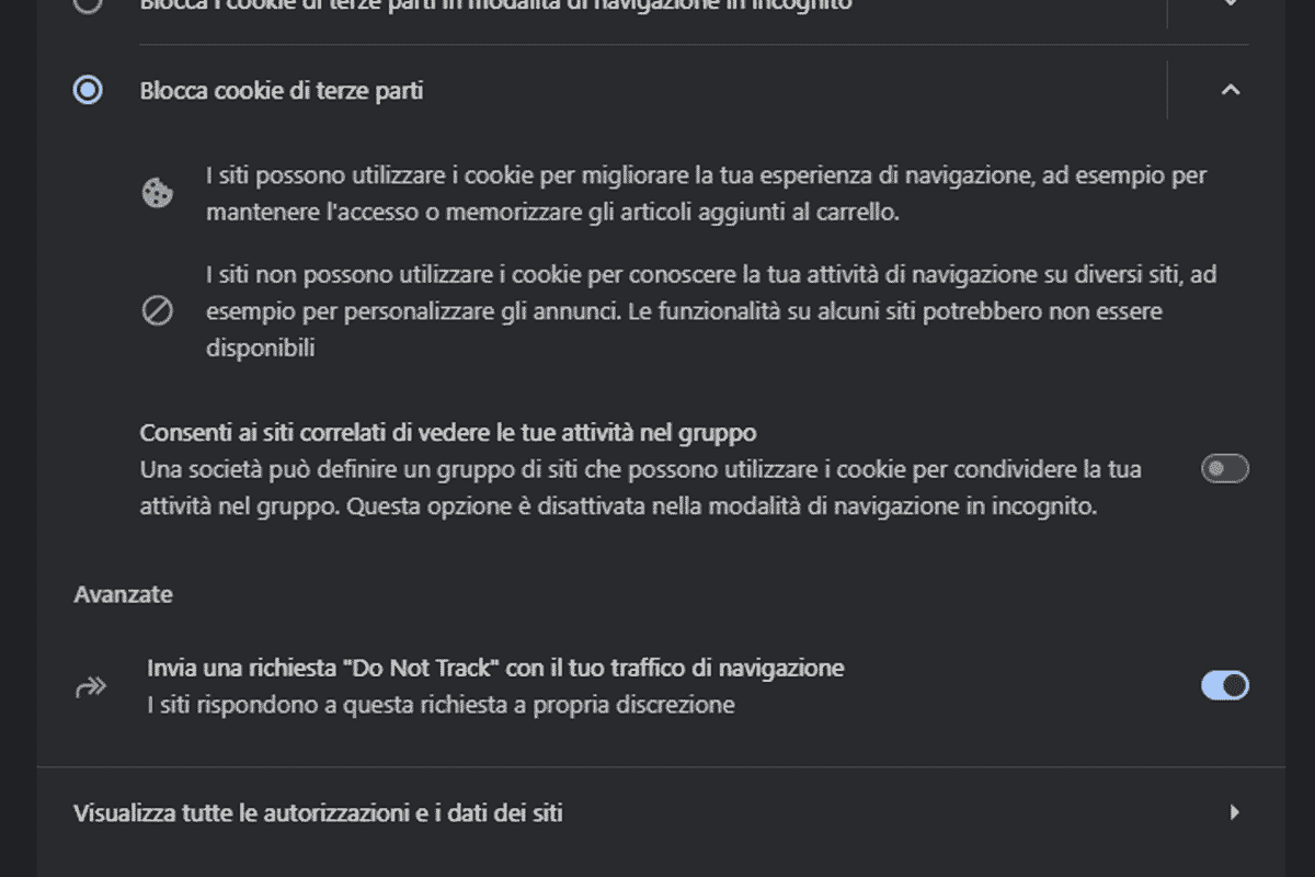 schermata 'Do Not Track' in Google Chrome