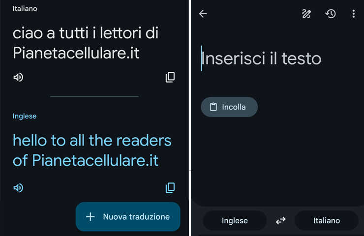 Google Traduttore - esempio di trascrizione
