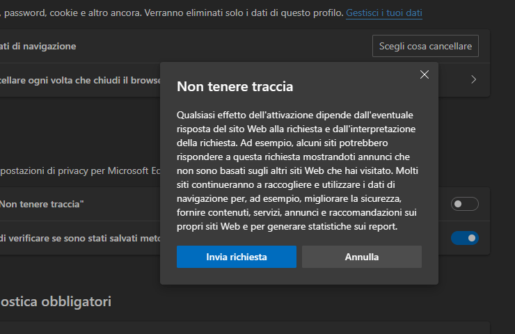 schermata 'Do Not Track' in Microsoft Edge