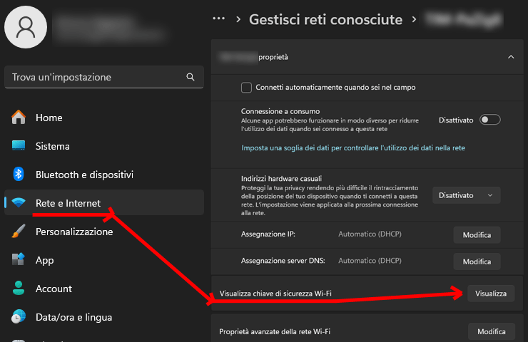 Windows 11 - schermate recupero password WiFi