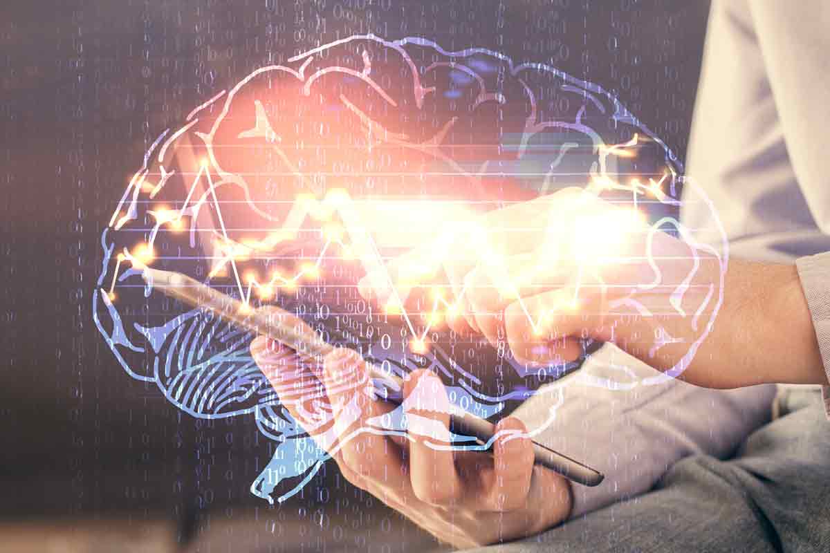 rappresentazione onde cerebrali nel cervello quando si usa lo smartphone