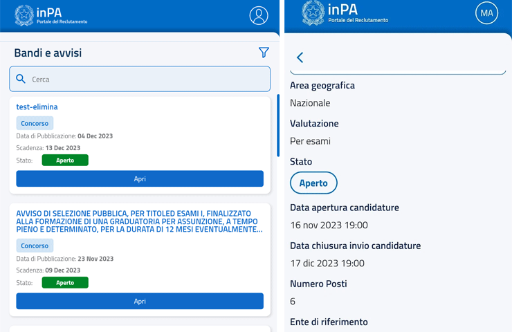 schermate app inPA